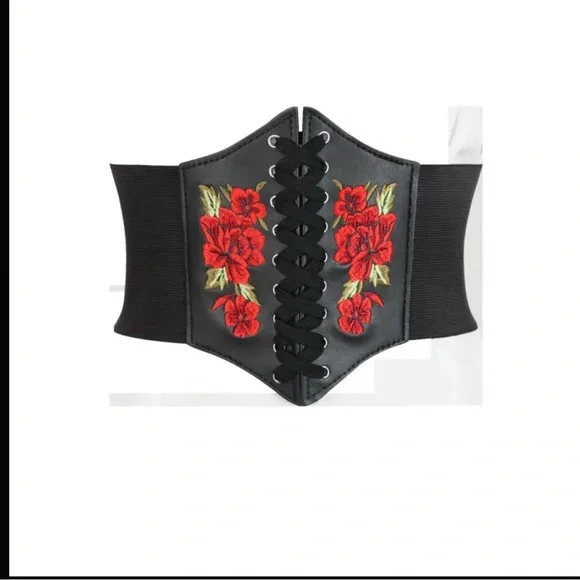 New rose embroidered faux leather elastic stretch belt waist cinch - Picture 4 of 5